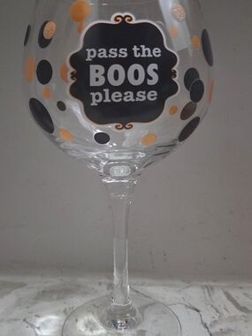 Halloween Wine Glass - "Pass the Boos Please" - Black & Orange Dot Design